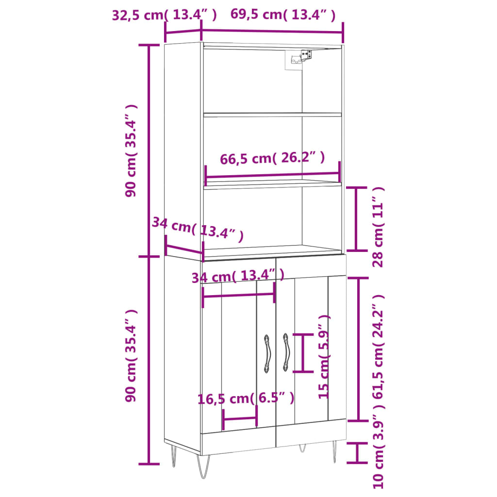 vidaXL Vysoká skrinka dymový dub 69,5x34x180 cm spracované drevo