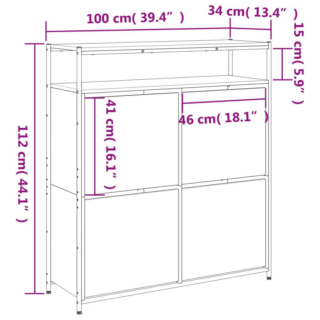 vidaXL Botník so 4 výklopnými zásuvkami dub sonoma 100x34x112 cm