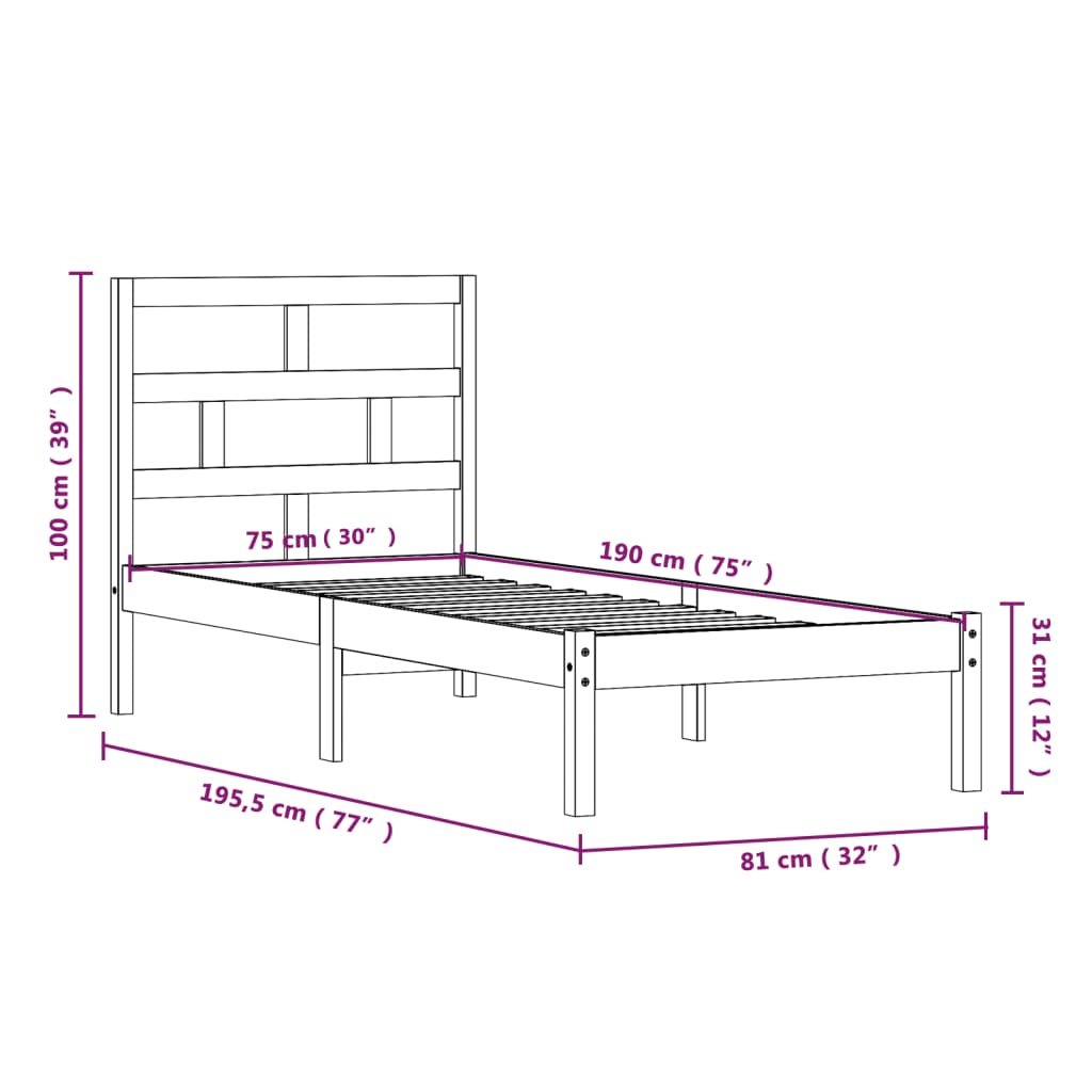 vidaXL Posteľný rám 75x190 cm malé jednolôžko masívne drevo