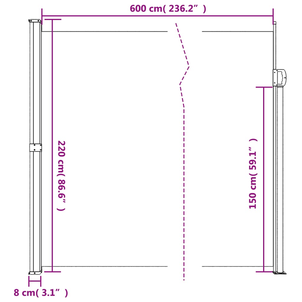 vidaXL Zaťahovacia bočná markíza, čierna 220x600 cm