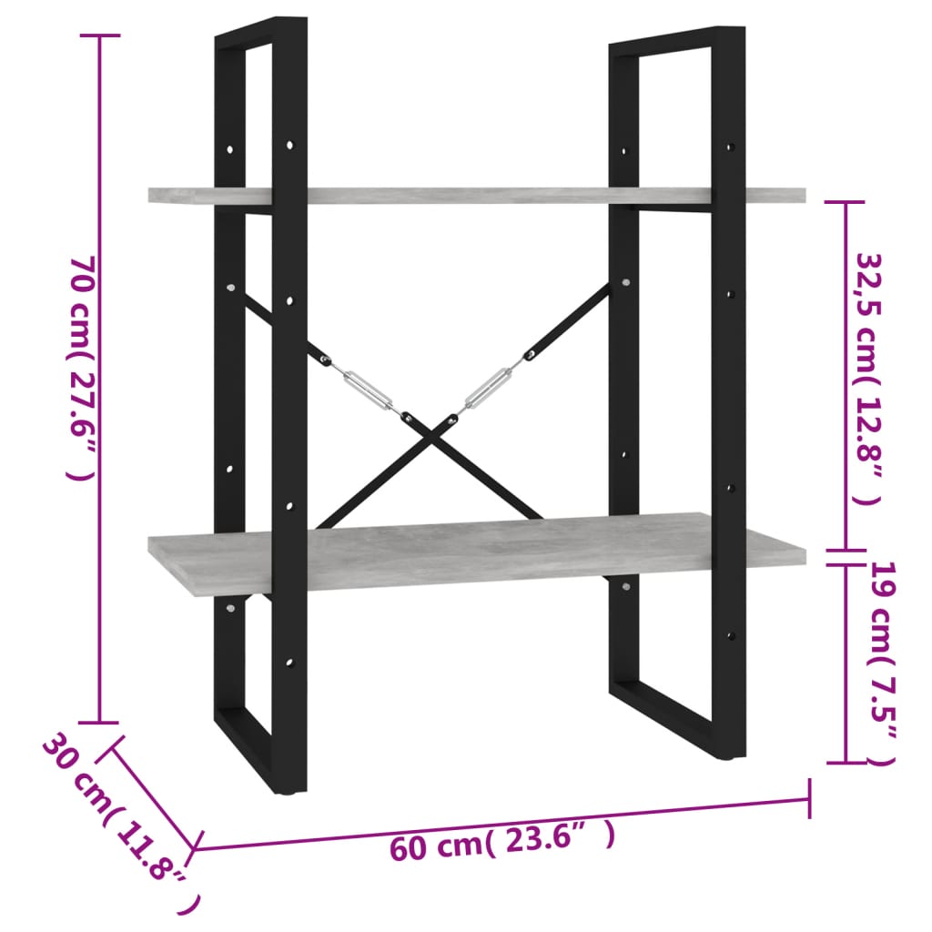 vidaXL Knižnica s 2 policami betónovo sivá 60x30x70cm kompozitné drevo