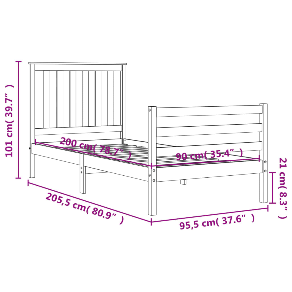 vidaXL Posteľný rám s čelom biely 90x200 cm masívne drevo