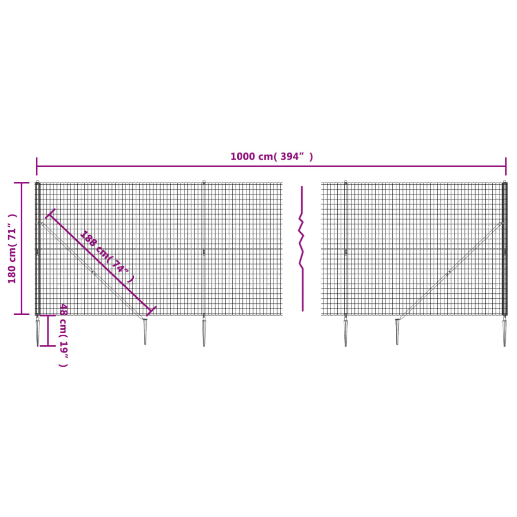 vidaXL Drôtený plot s kotviacimi hrotmi antracitový 1,8x10 m