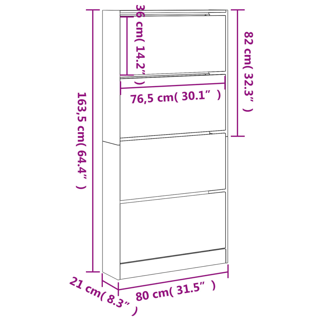 vidaXL Botník so 4 výklopnými zásuvkami biely 80x21x163,5 cm