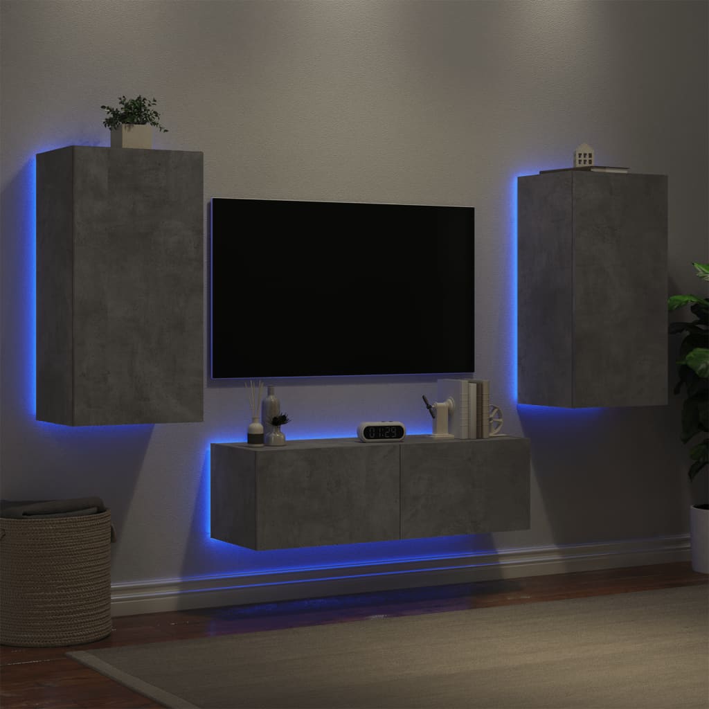 vidaXL 3-dielne TV nástenné skrinky s LED svetlami betónovo sivé