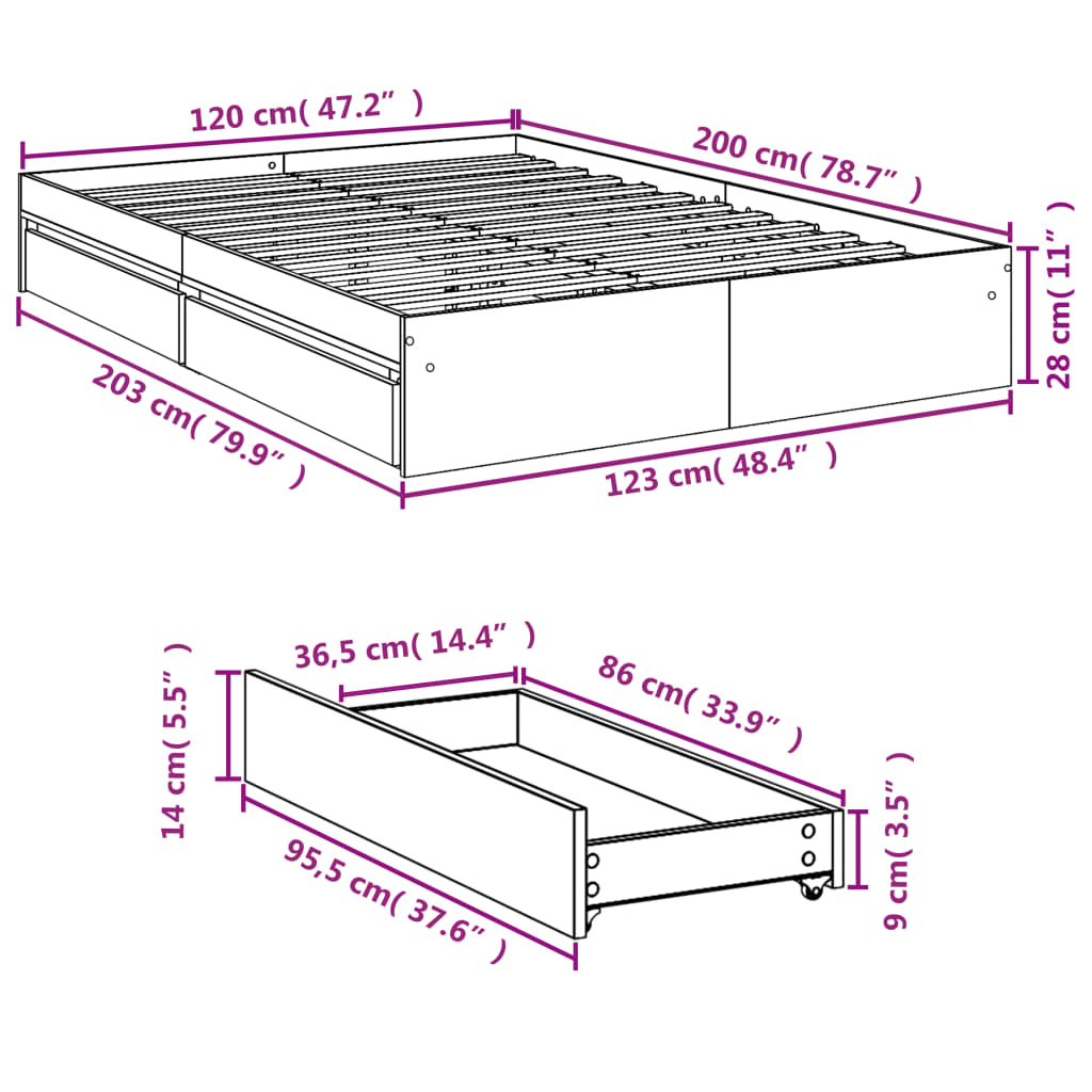 vidaXL Posteľný rám so zásuvkami dymový dub 120x200cm kompozitné drevo