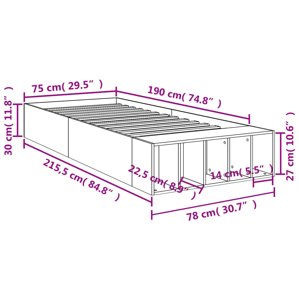 vidaXL Posteľný rám dub sonoma 75x190 cm kompozitné drevo