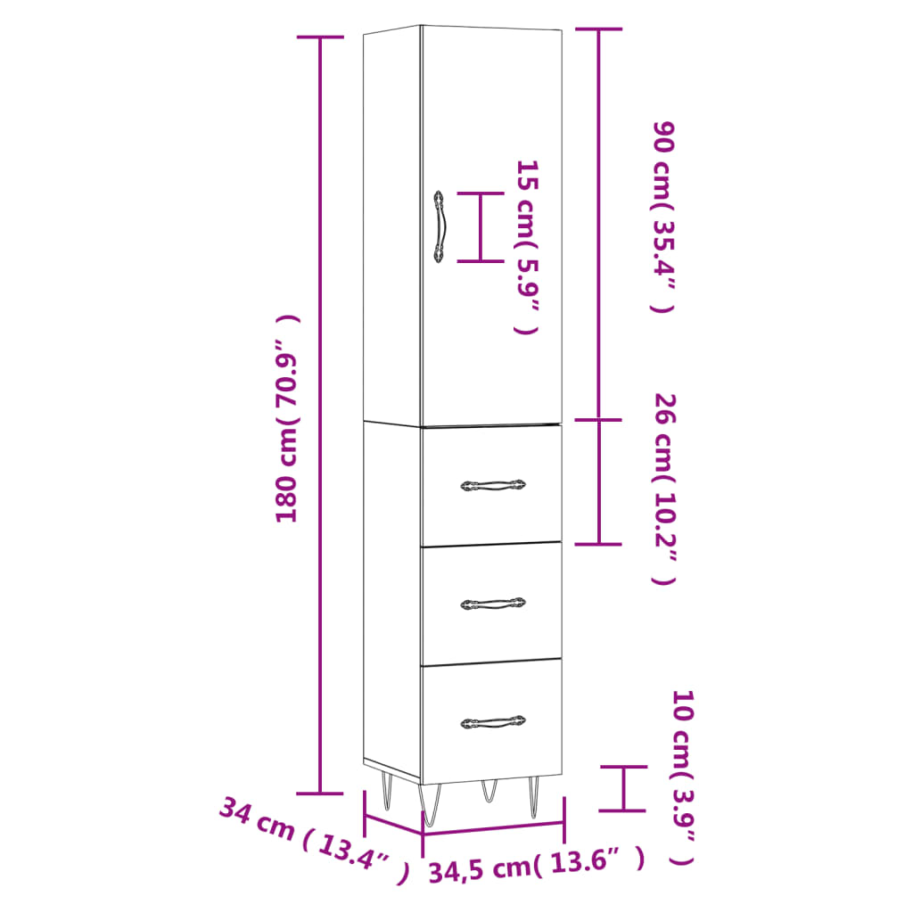 vidaXL Vysoká skrinka biela 34,5x34x180 cm spracované drevo