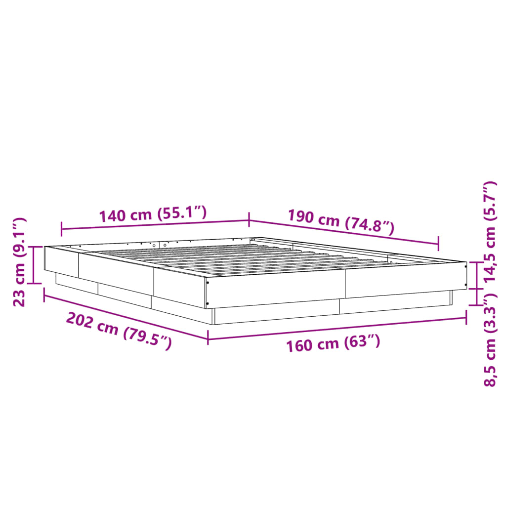 vidaXL Posteľný rám s LED svetlami sivá sonoma 140x190cm kompoz. drevo