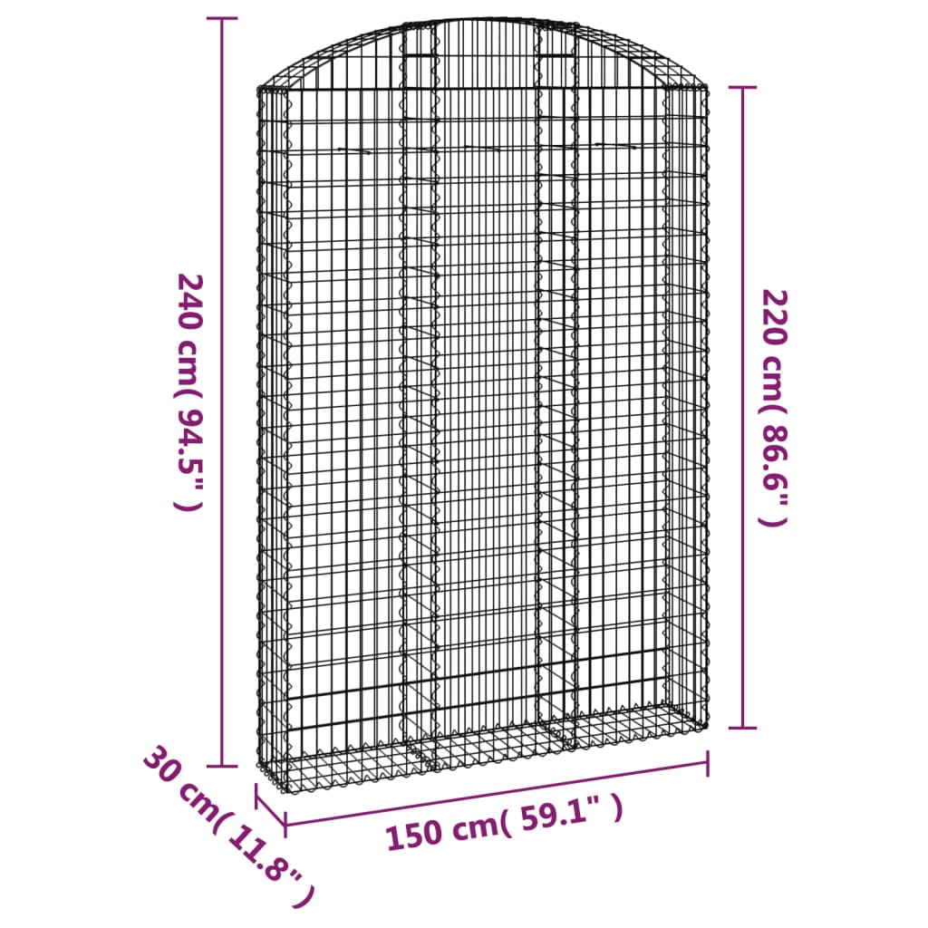 vidaXL Oblúkový gabionový kôš 150x30x220/240 cm pozinkované železo