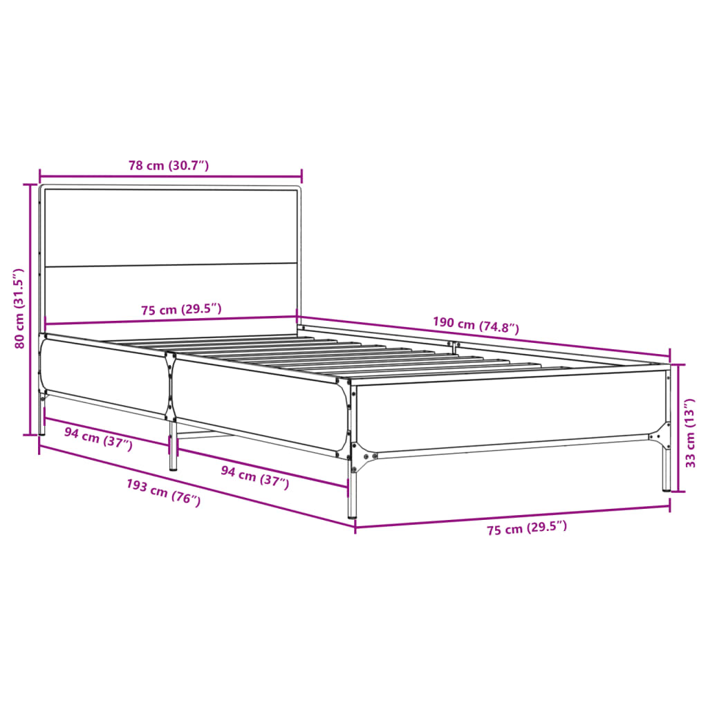 vidaXL Posteľný rám dub sonoma 75x190 cm kompozitné drevo a kov