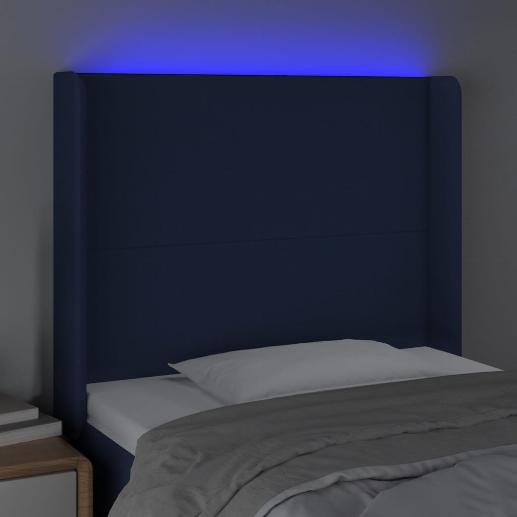 vidaXL Čelo postele s LED modré 103x16x118/128 cm látka