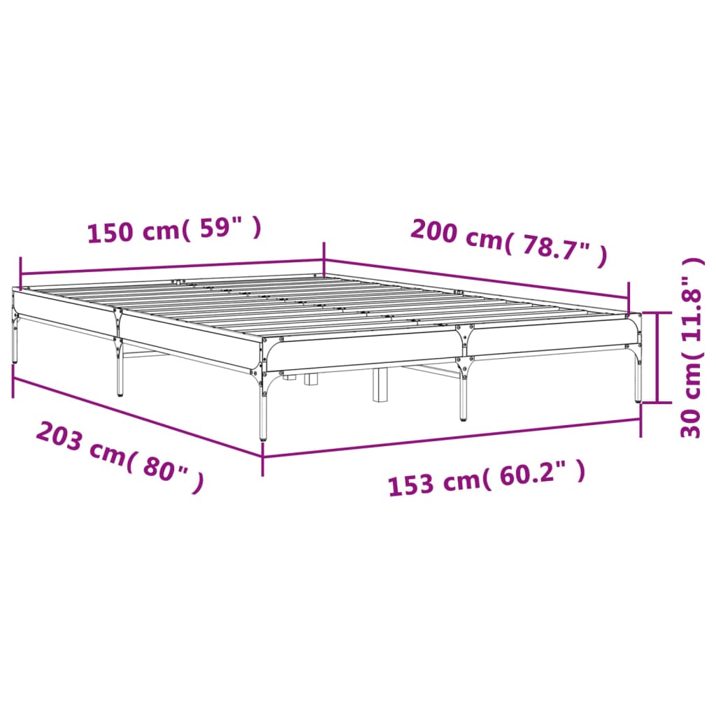 vidaXL Posteľný rám dymový dub 150x200 cm kompozitné drevo a kov