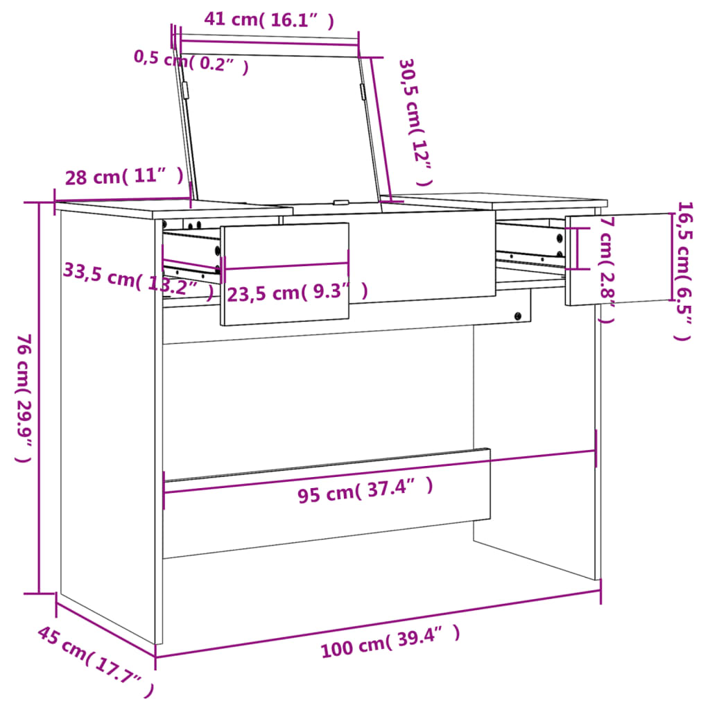 vidaXL Toaletný stolík so zrkadlom dymový dub 100x45x76 cm