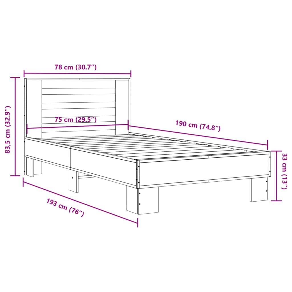 vidaXL Posteľný rám čierny 75x190 cm kompozitné drevo a kov