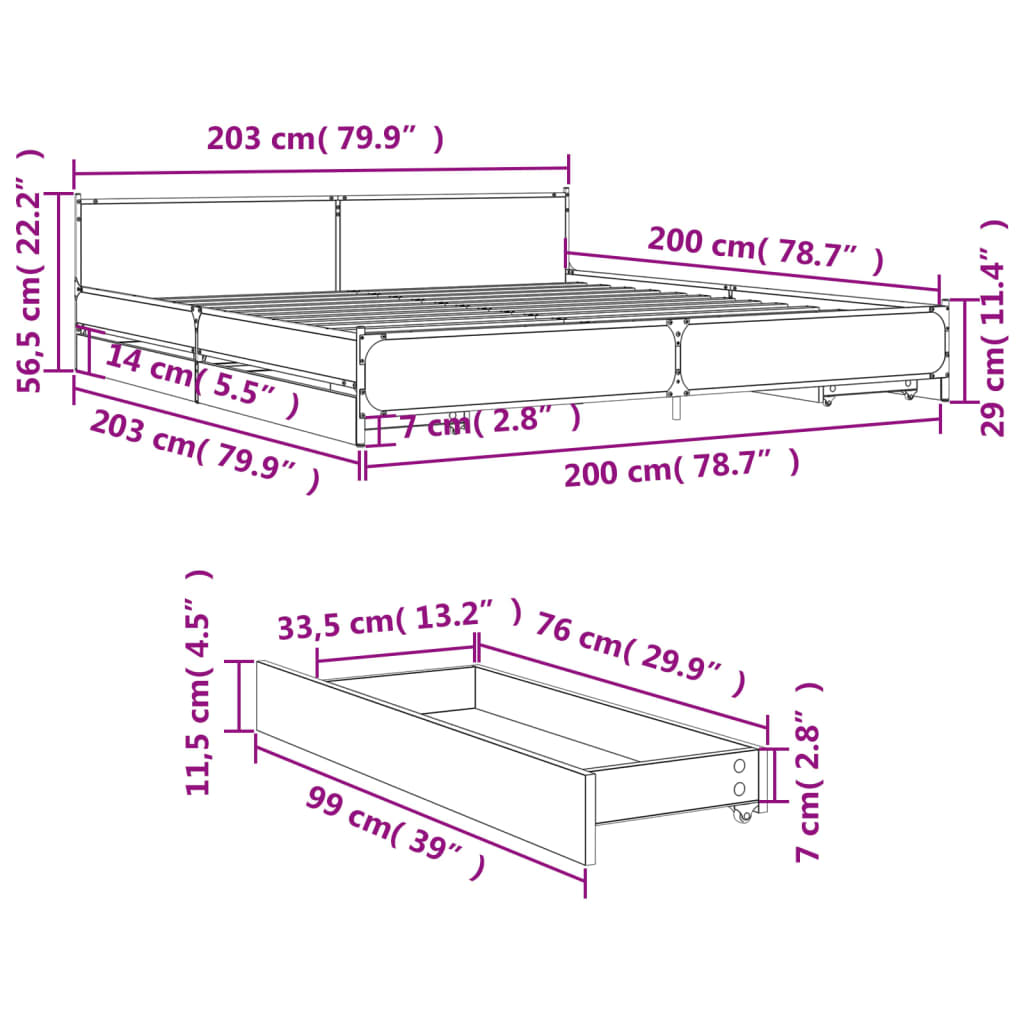 vidaXL Posteľný rám so zásuvkami dub sonoma 200x200cm kompozitné drevo