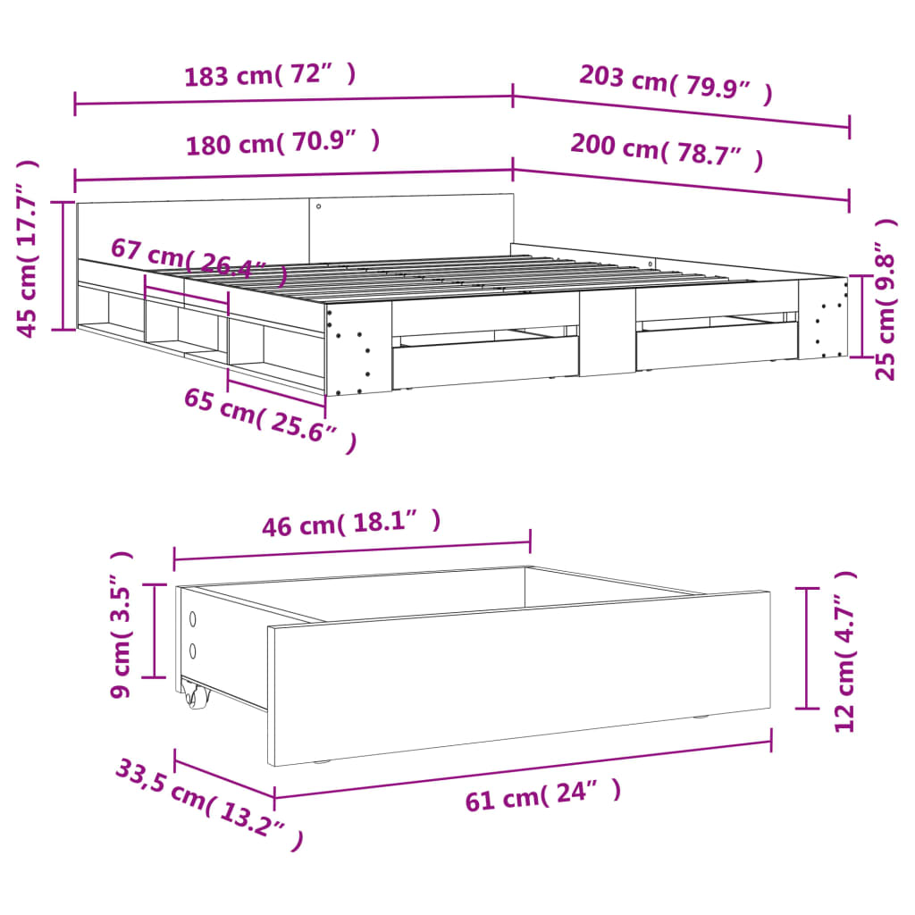 vidaXL Posteľný rám so zásuvkami sivý sonoma 180x200cm kompozit. drevo