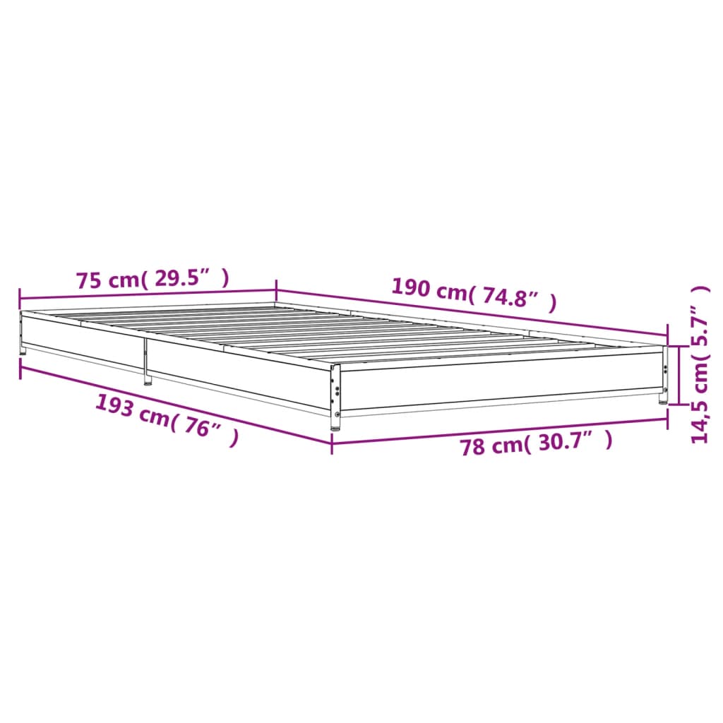 vidaXL Posteľný rám dub sonoma 75x190 cm kompozitné drevo a kov