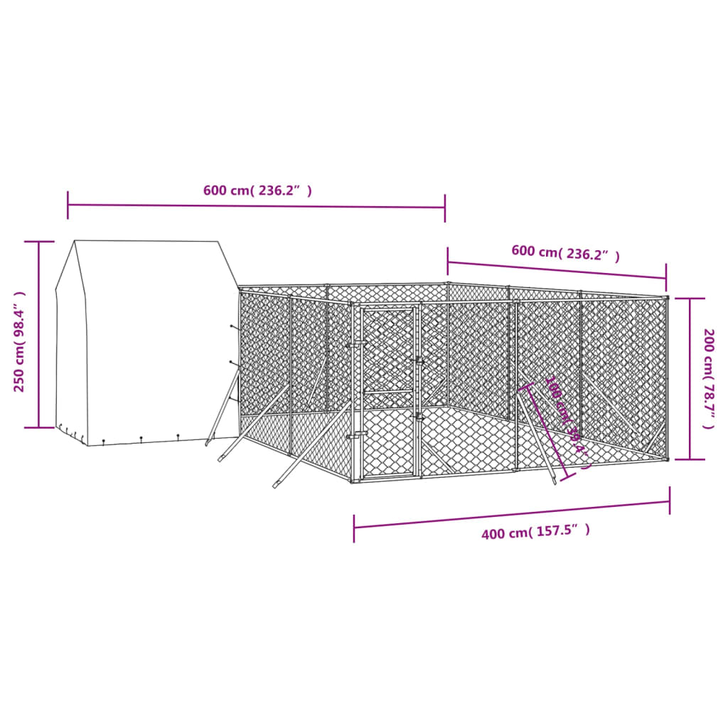 vidaXL Vonkajší koterec pre psov so strechou strieborný 6x6x2,5 m oceľ