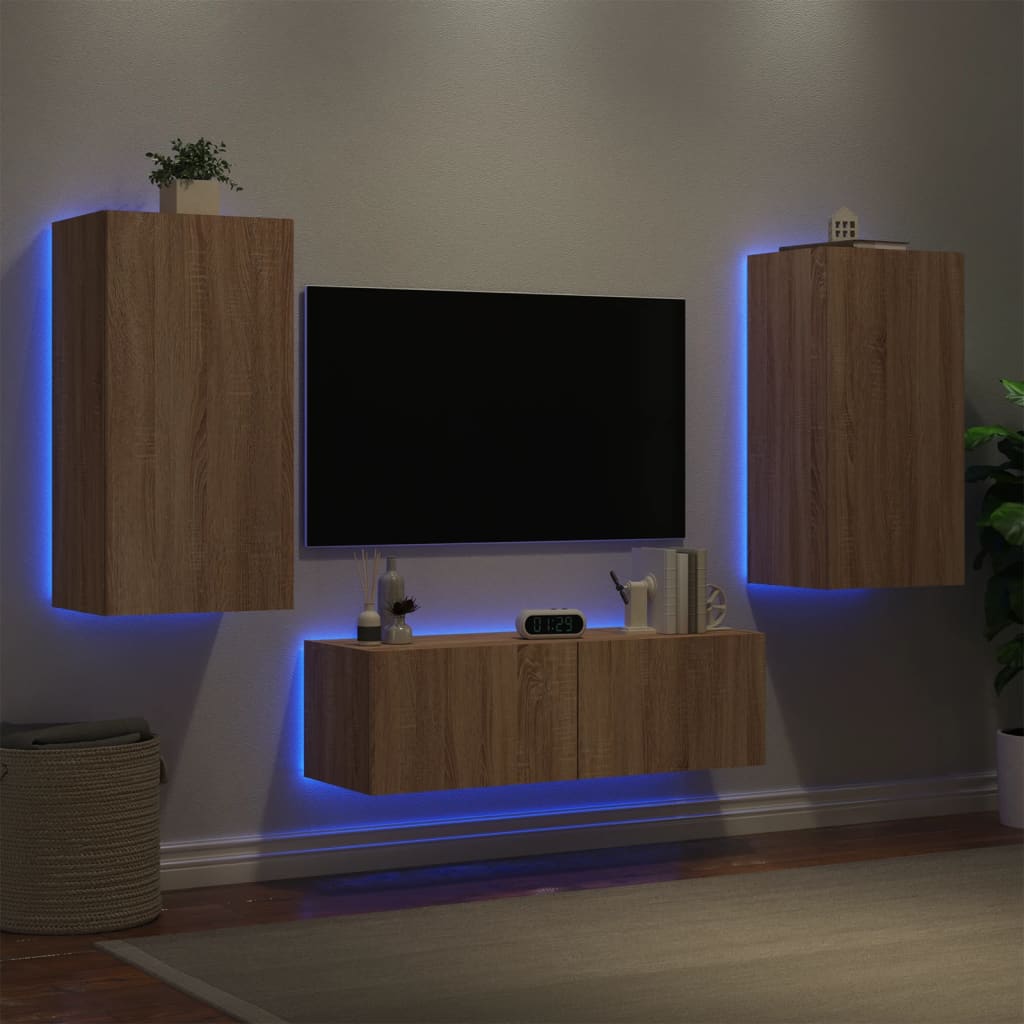 vidaXL 3-dielne TV nástenné skrinky s LED svetlami dub sonoma