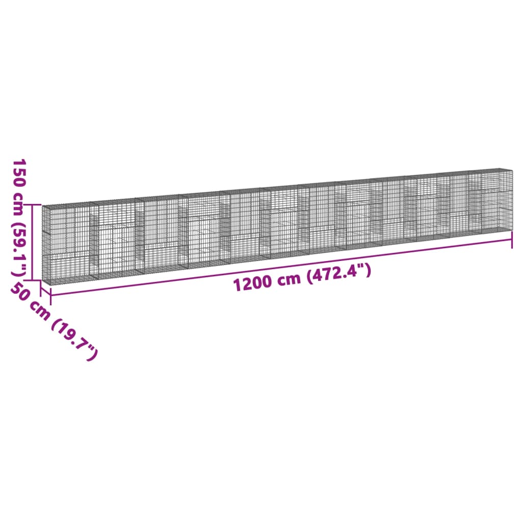 vidaXL Gabiónový kôš s krytom 1200x50x150 cm pozinkované železo