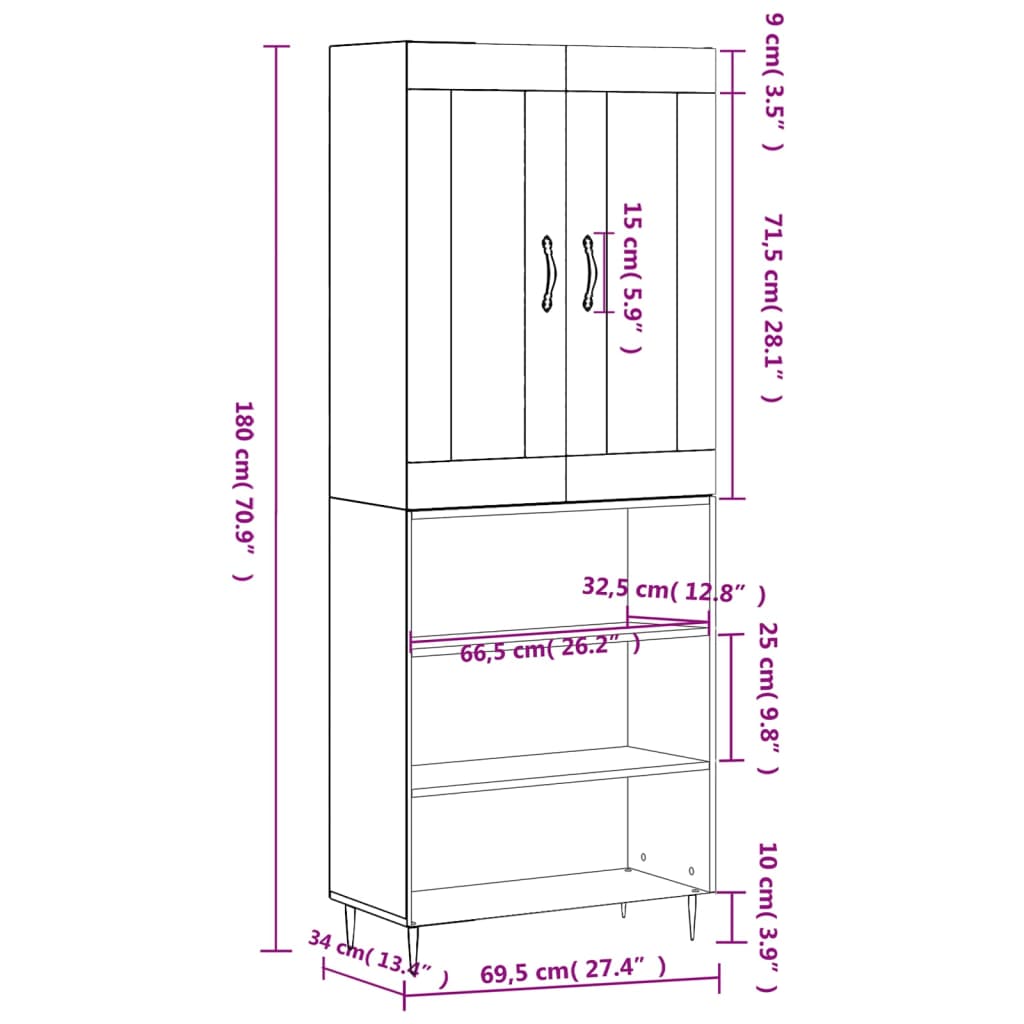 vidaXL Vysoká skrinka biela 69,5x34x180 cm spracované drevo