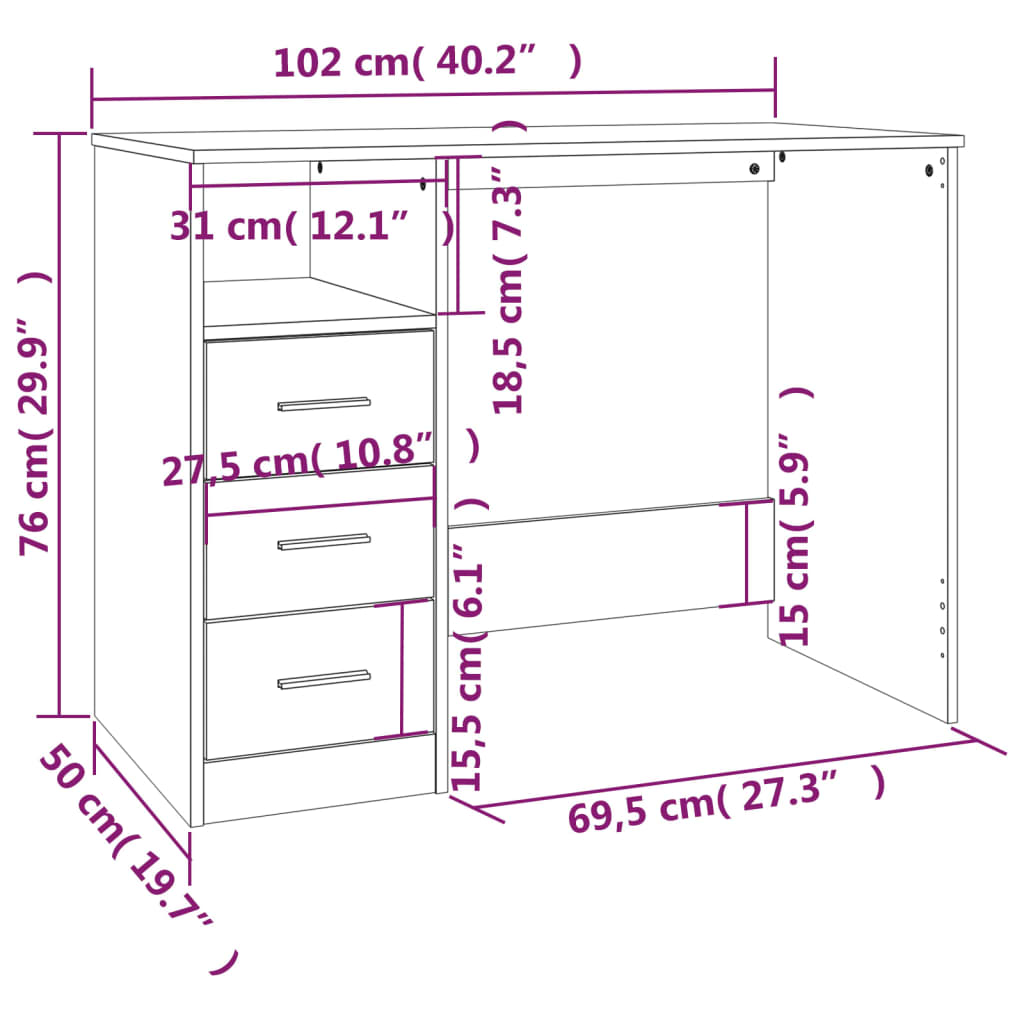 vidaXL Stolík so zásuvkami dymový dub 102x50x76 cm spracované drevo