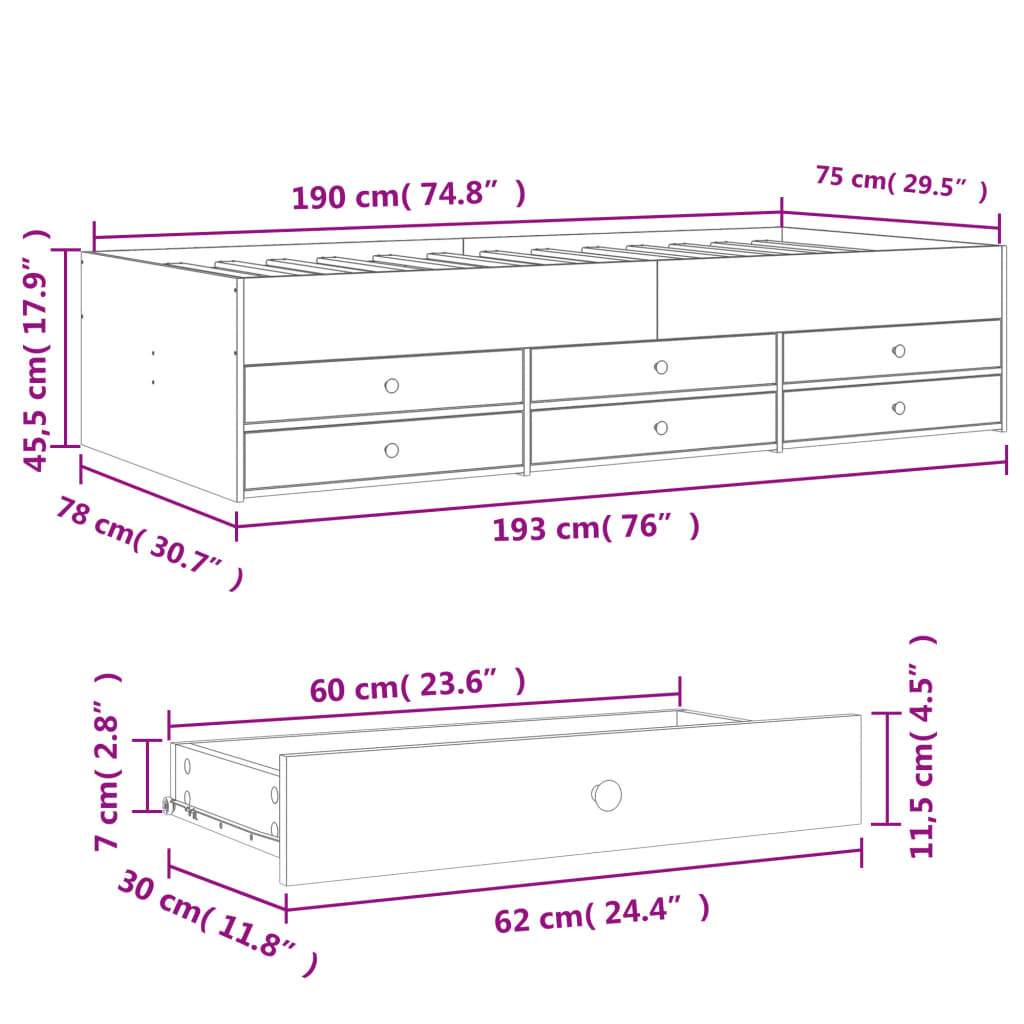 vidaXL Váľanda so zásuvkami bez matraca hnedý dub 75x190 cm