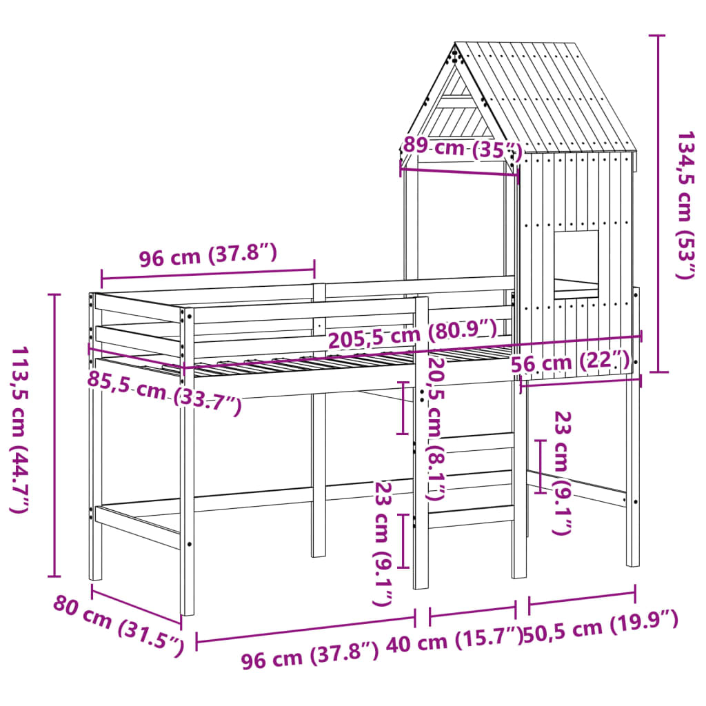 vidaXL Vyvýšená posteľ rebrík strecha 80x200 cm masívna borovica