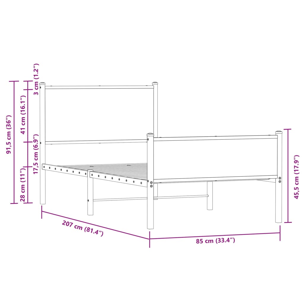 vidaXL Kovový posteľný rám s predným a zadným čelom hnedý dub 80x200cm