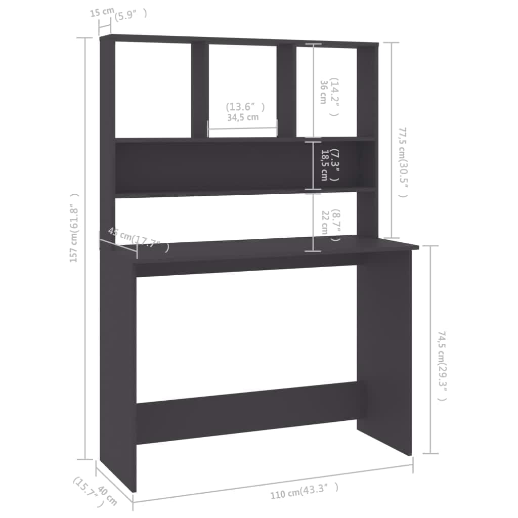 vidaXL Stôl s policami, sivý 110x45x157 cm, kompozitné drevo