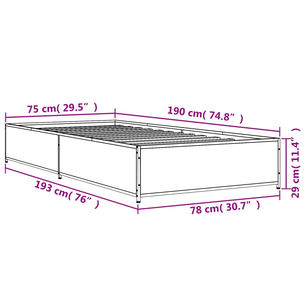 vidaXL Posteľný rám dub sonoma 75x190 cm kompozitné drevo a kov