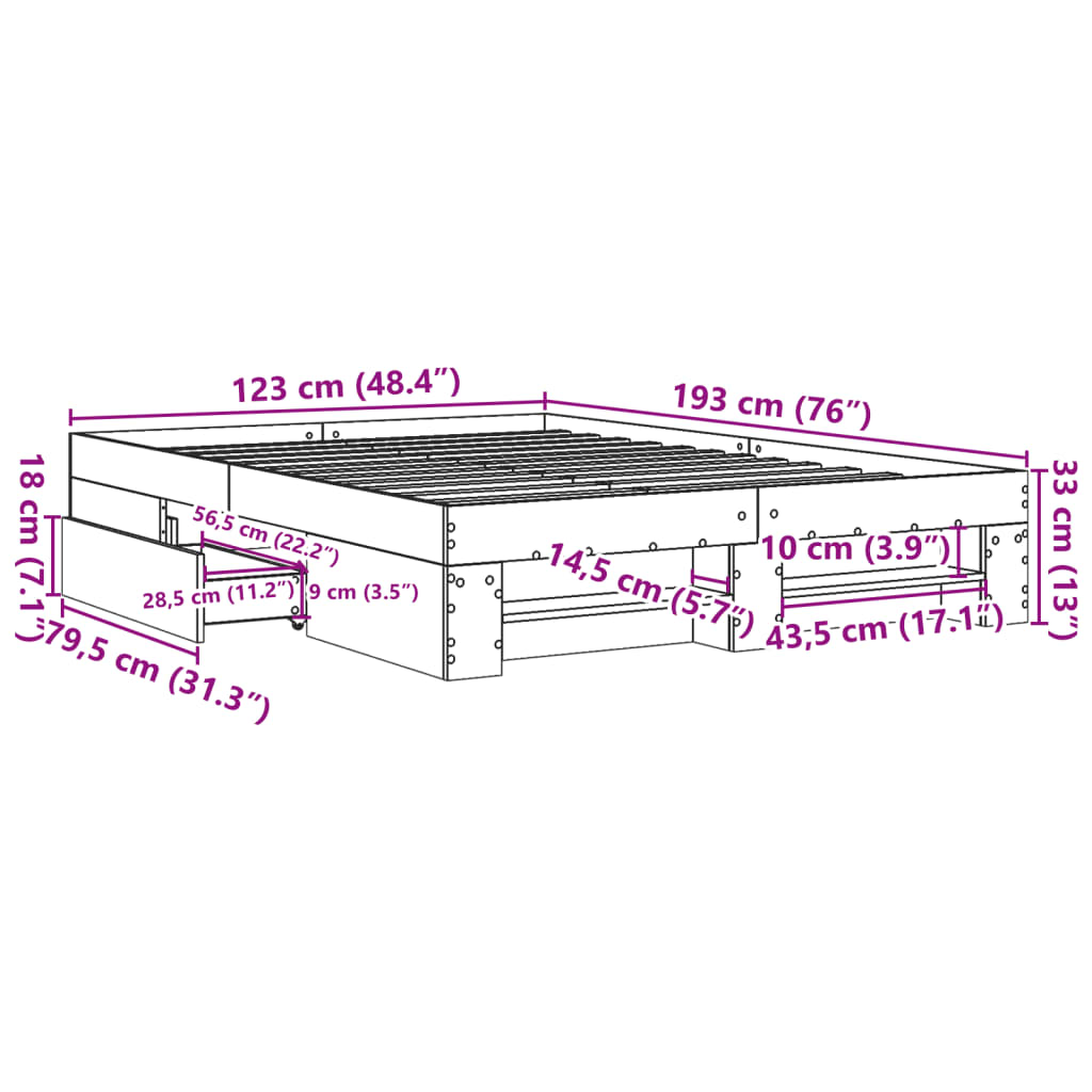 vidaXL Posteľný rám bez matraca dymový dub 120x190 cm borovicový masív