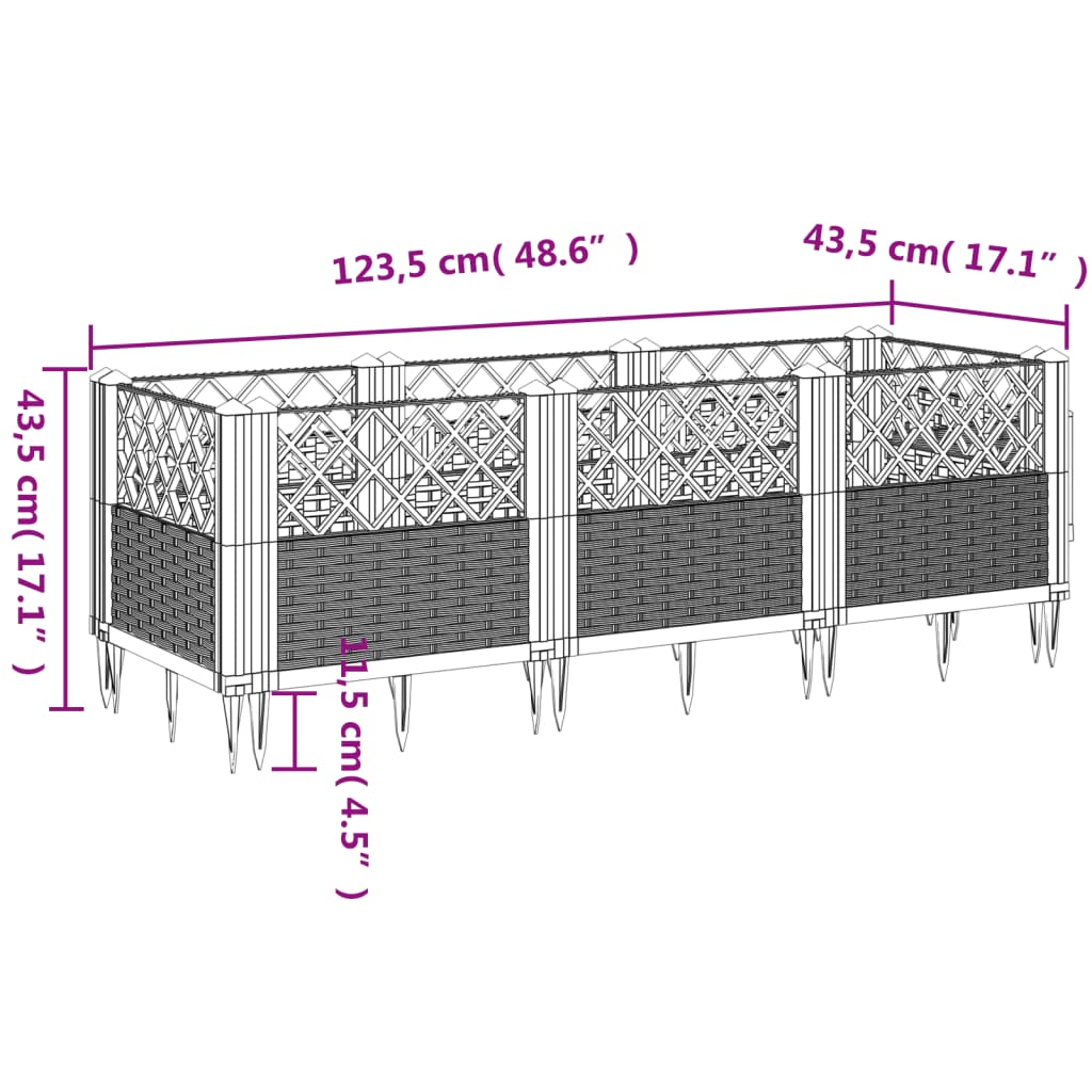 vidaXL Záhradný kvetináč s kolíkmi bledosivý 123,5x43,5x43,5 cm PP