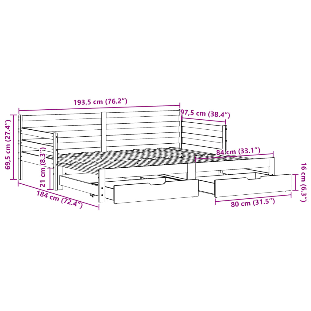 vidaXL Vysúvacia denná posteľ zásuvky biela 90x190 cm masívna borovica