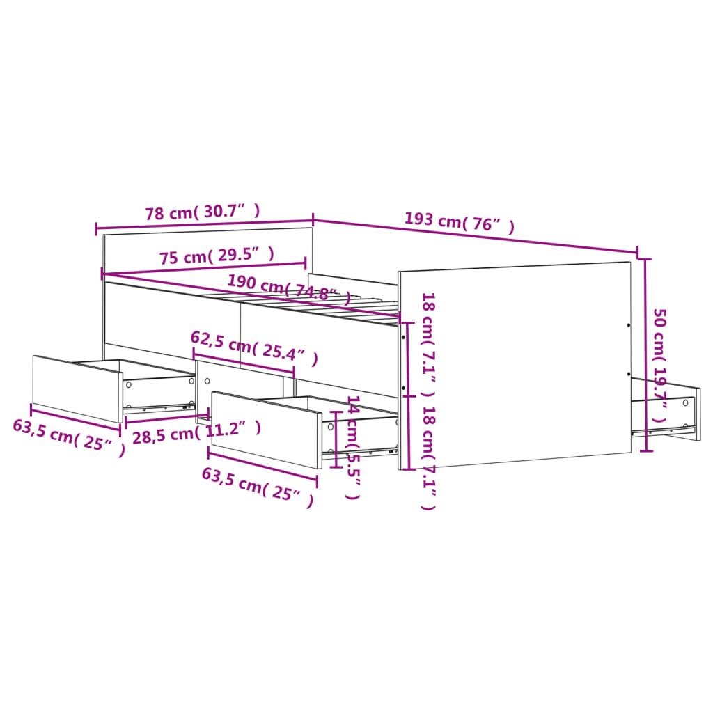 vidaXL Posteľný rám s predným a zadným čelom, tmavý dub 75x190 cm