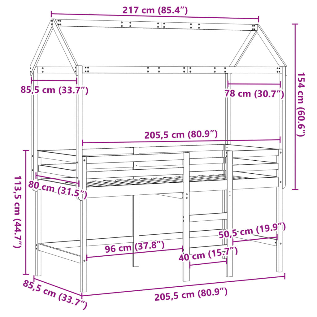 vidaXL Vyvýšená posteľ rebrík strecha biela 80x200 cm masívna borovica