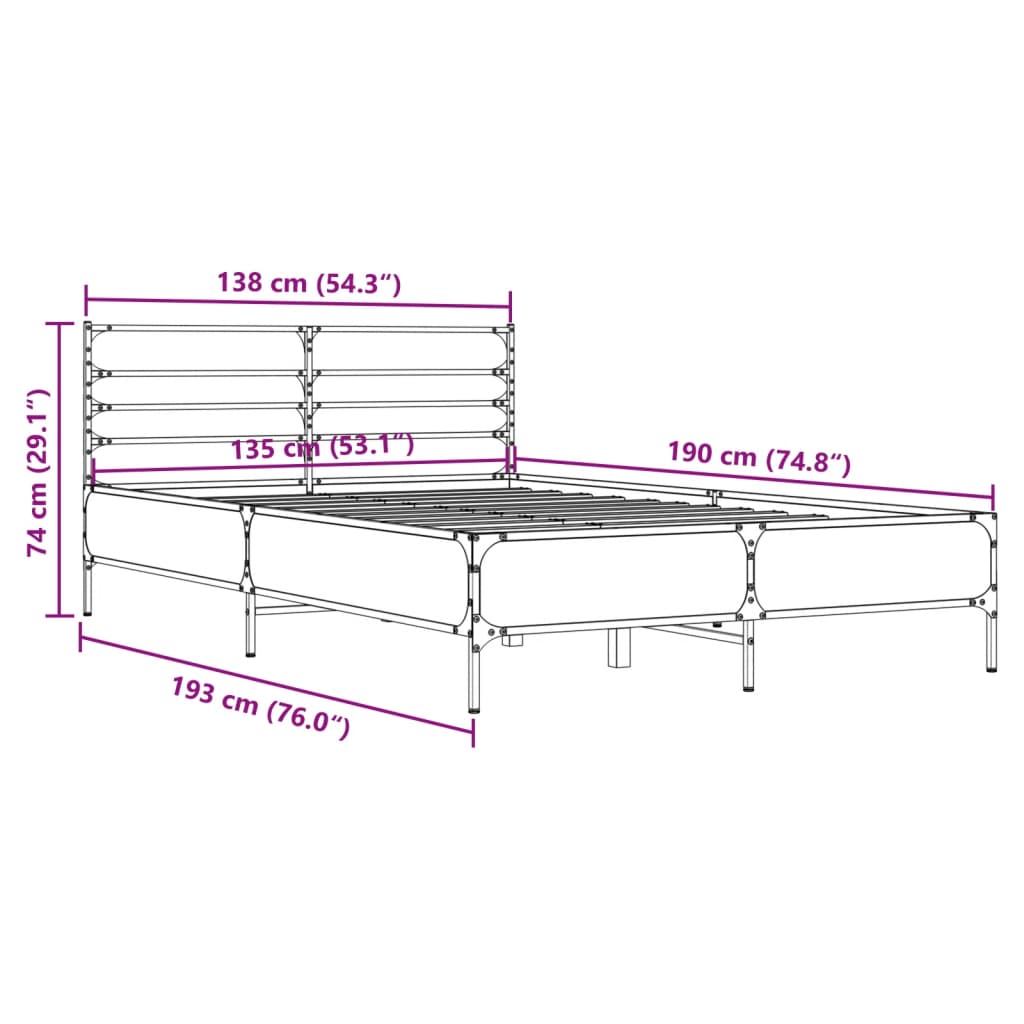 vidaXL Posteľný rám dub sonoma 135x190 cm kompozitné drevo a kov