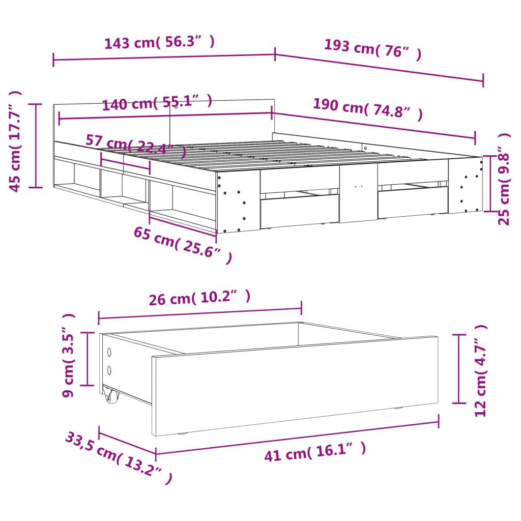 vidaXL Posteľný rám so zásuvkami dub sonoma 140x190cm kompozitné drevo