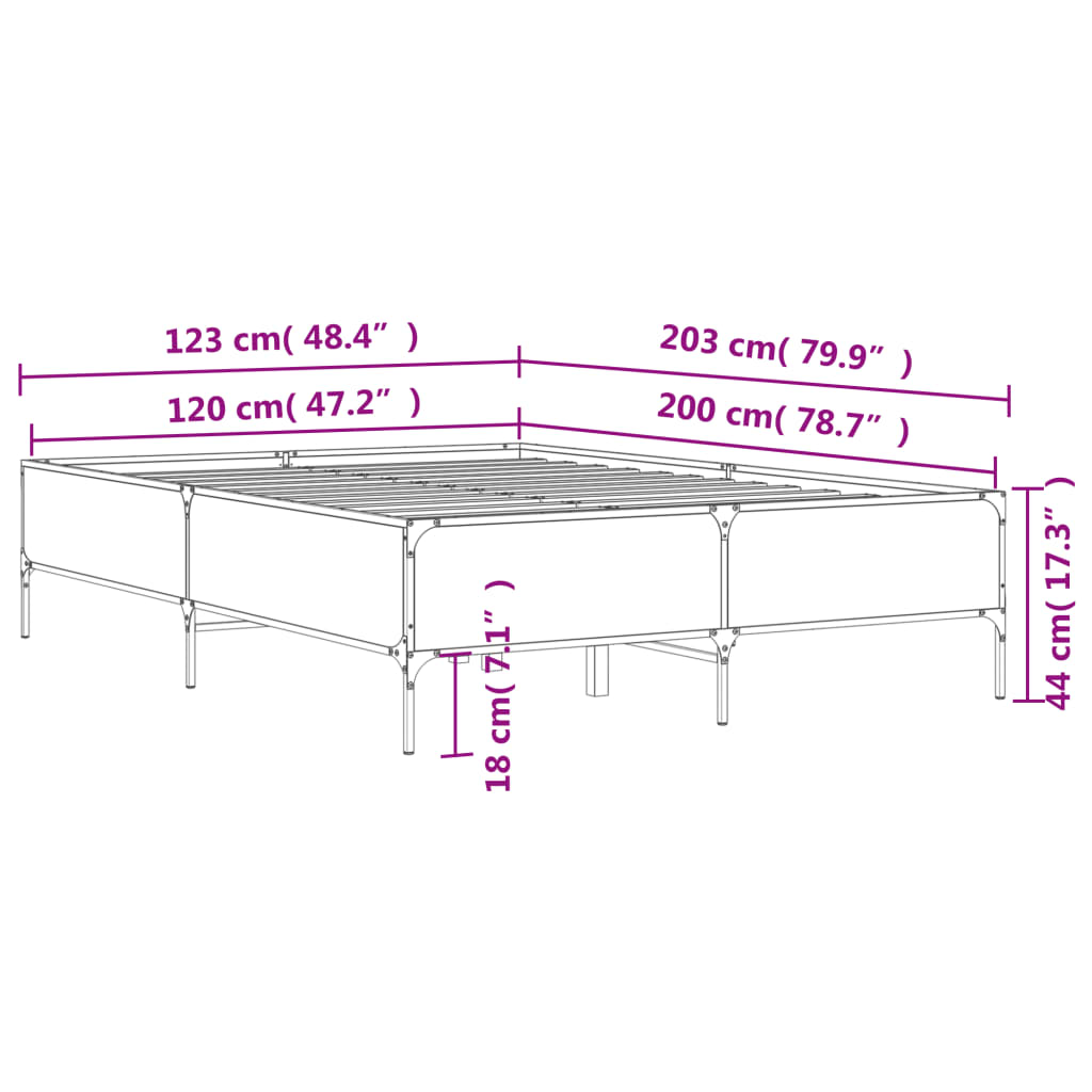 vidaXL Posteľný rám sivý sonoma 120x200 cm kompozitné drevo a kov