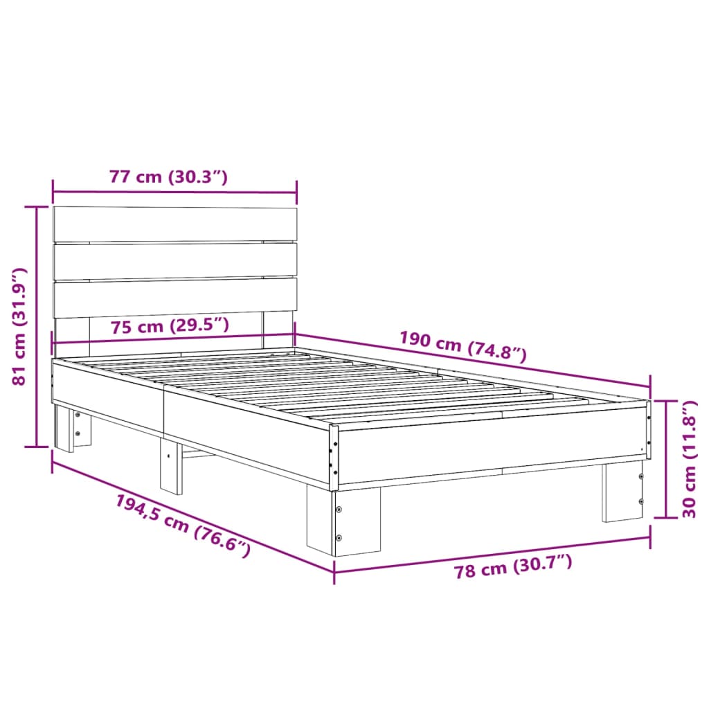 vidaXL Posteľný rám hnedý dub 75x190 cm kompozitné drevo a kov