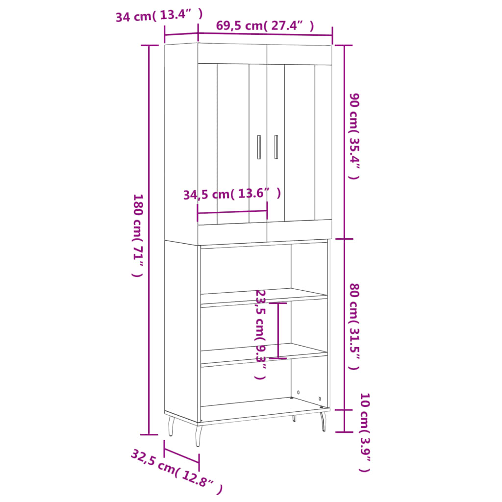 vidaXL Vysoká skrinka hnedý dub 69,5x34x180 cm spracované drevo