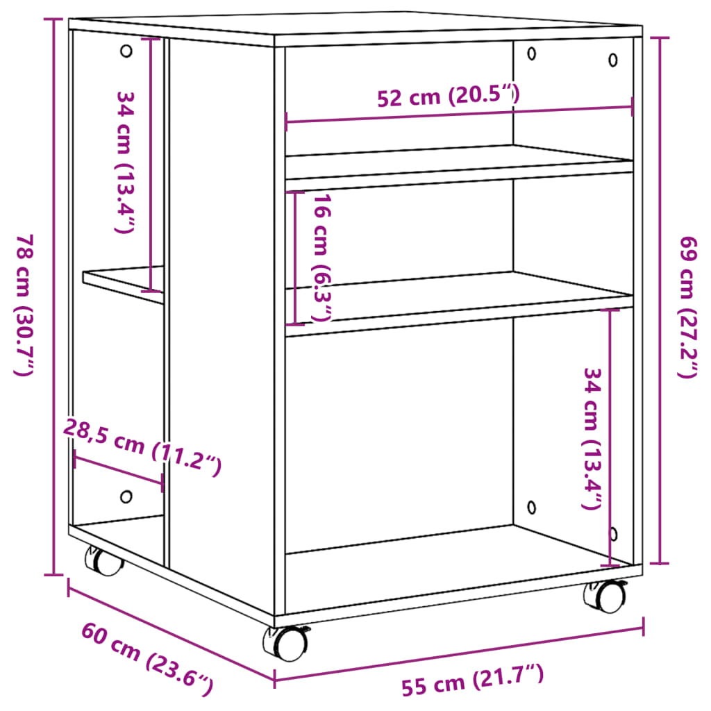 vidaXL Príručný stolík a kolieska hnedý dub 55x60x78 cm kompoz. drevo