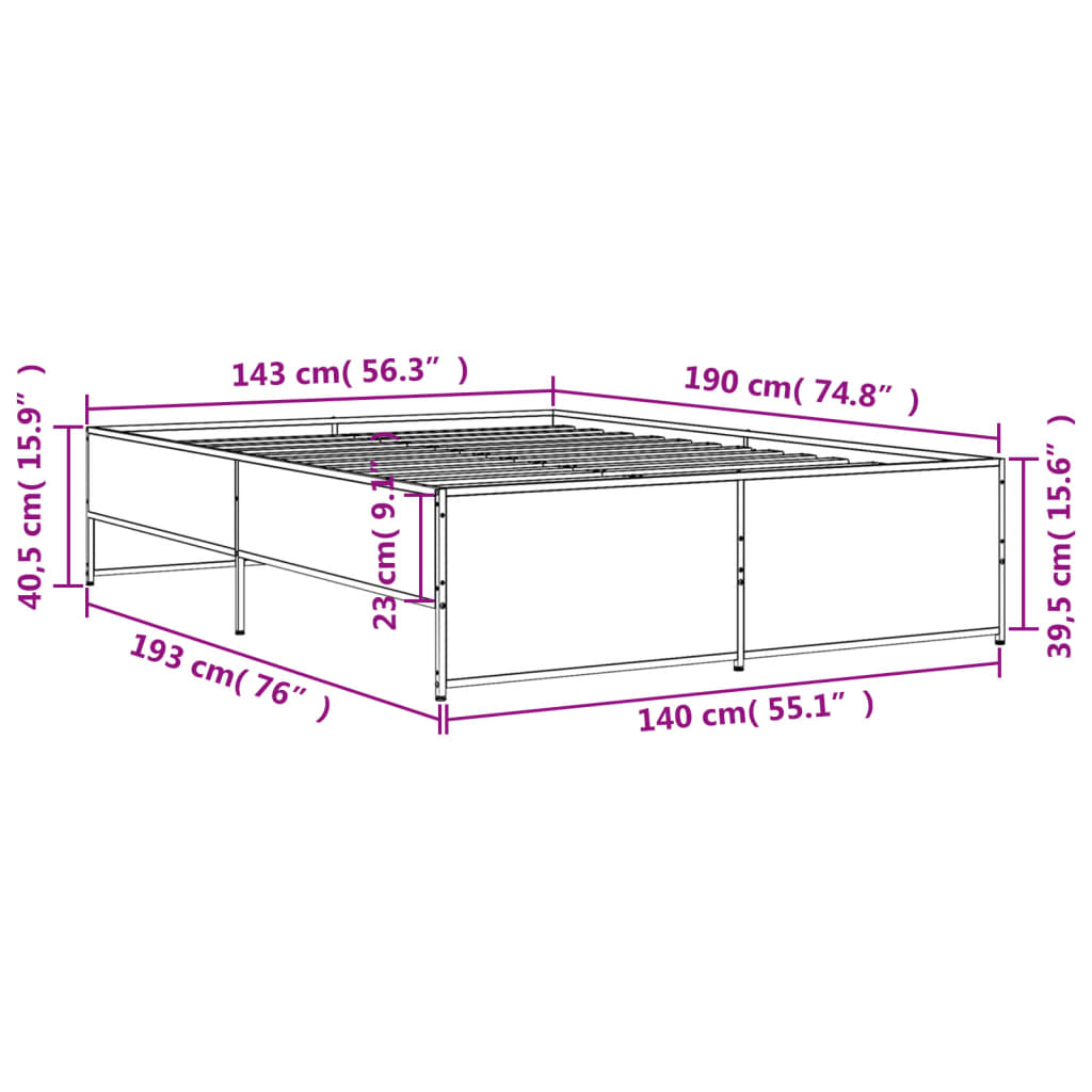 vidaXL Posteľný rám dub sonoma 140x190 cm kompozitné drevo a kov