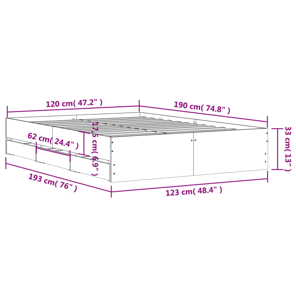 vidaXL Posteľný rám so zásuvkami sivý sonoma 120x190cm kompozit. drevo