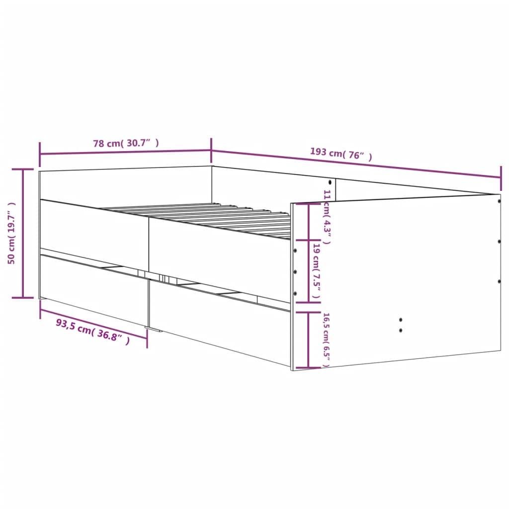 vidaXL Rám postele so zásuvkami dymový dub 75x190 cm malé jednolôžko