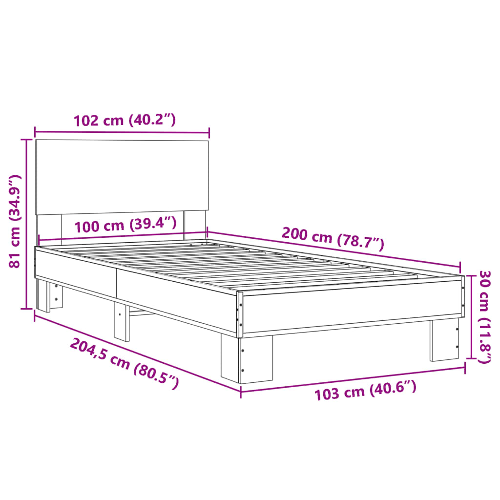 vidaXL Posteľný rám dymový dub 100x200 cm kompozitné drevo a kov