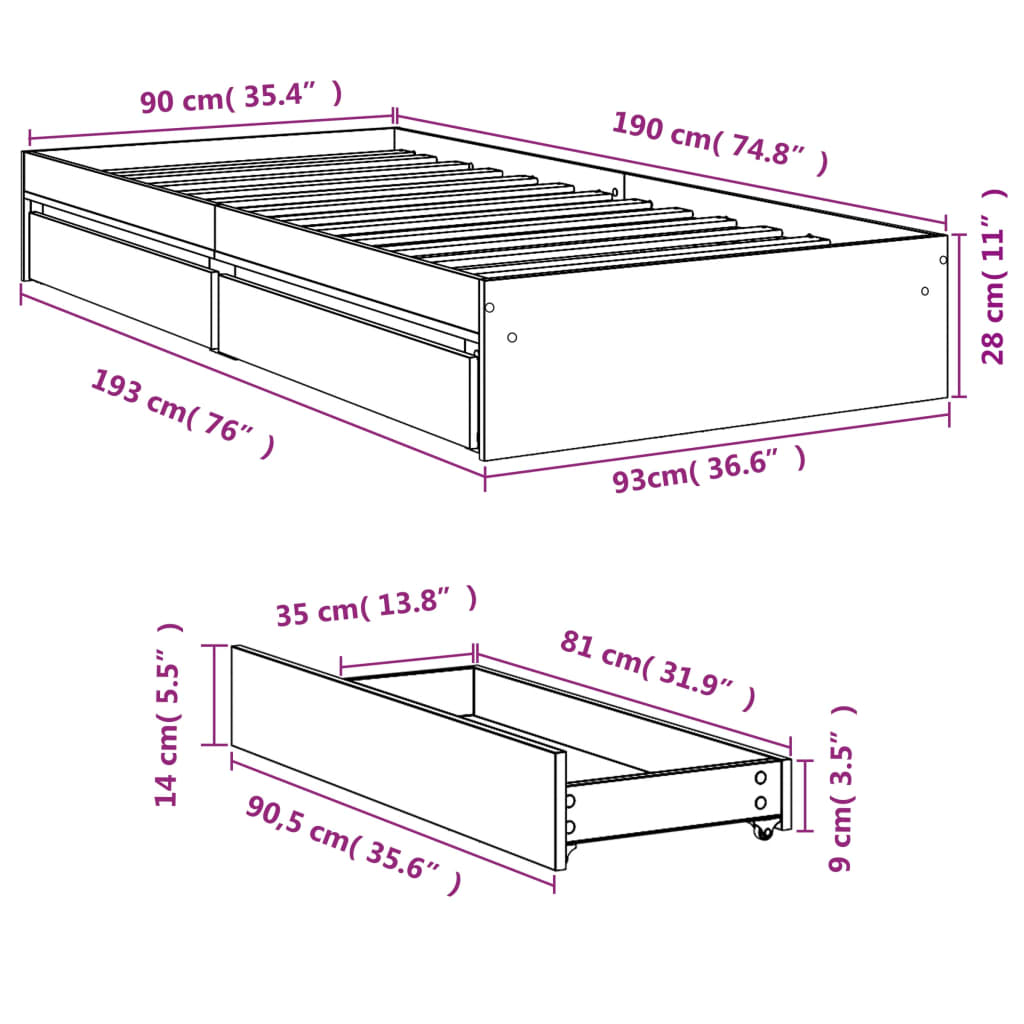 vidaXL Posteľný rám so zásuvkami dymový dub 90x190 cm kompozitné drevo