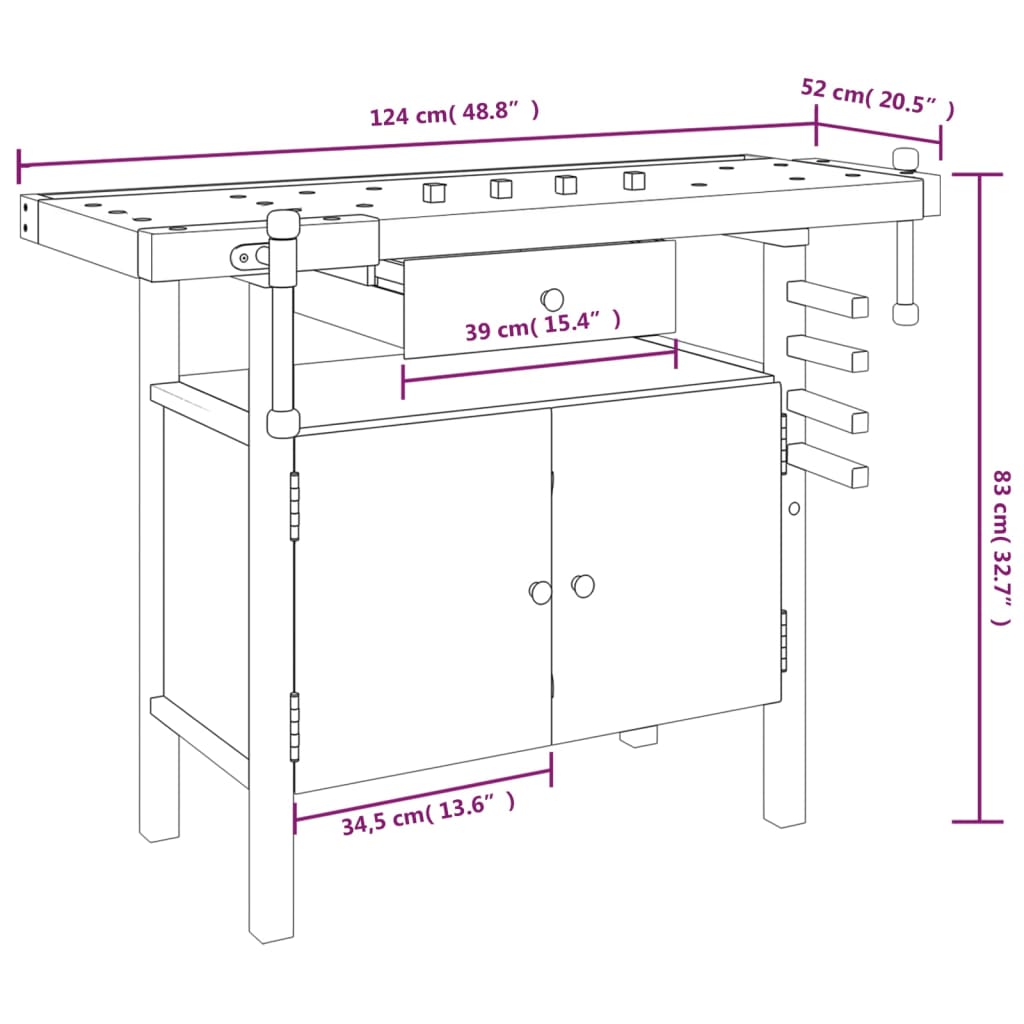 vidaXL Pracovný stôl so zásuvkou a zverákmi 124x52x83cm akáciový masív