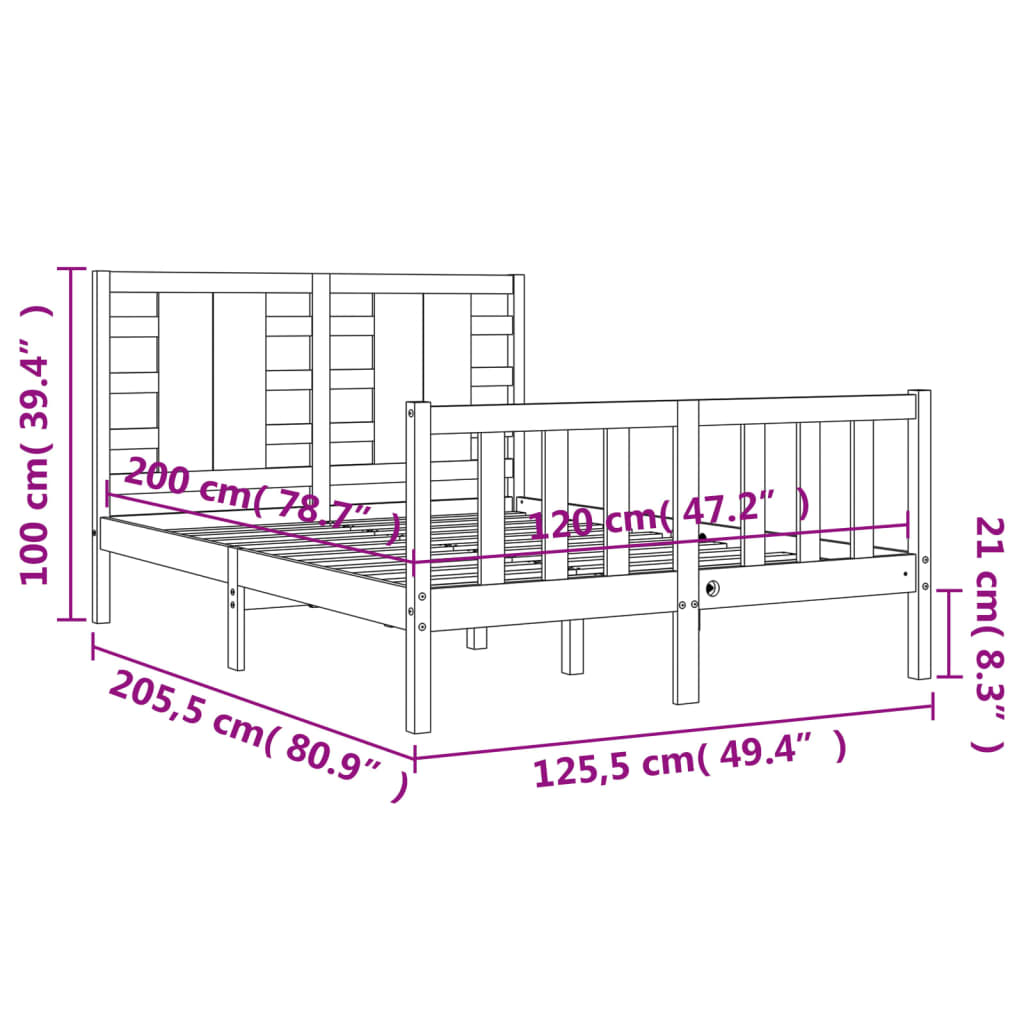 vidaXL Posteľný rám s čelom čierny 120x200 cm masívne drevo